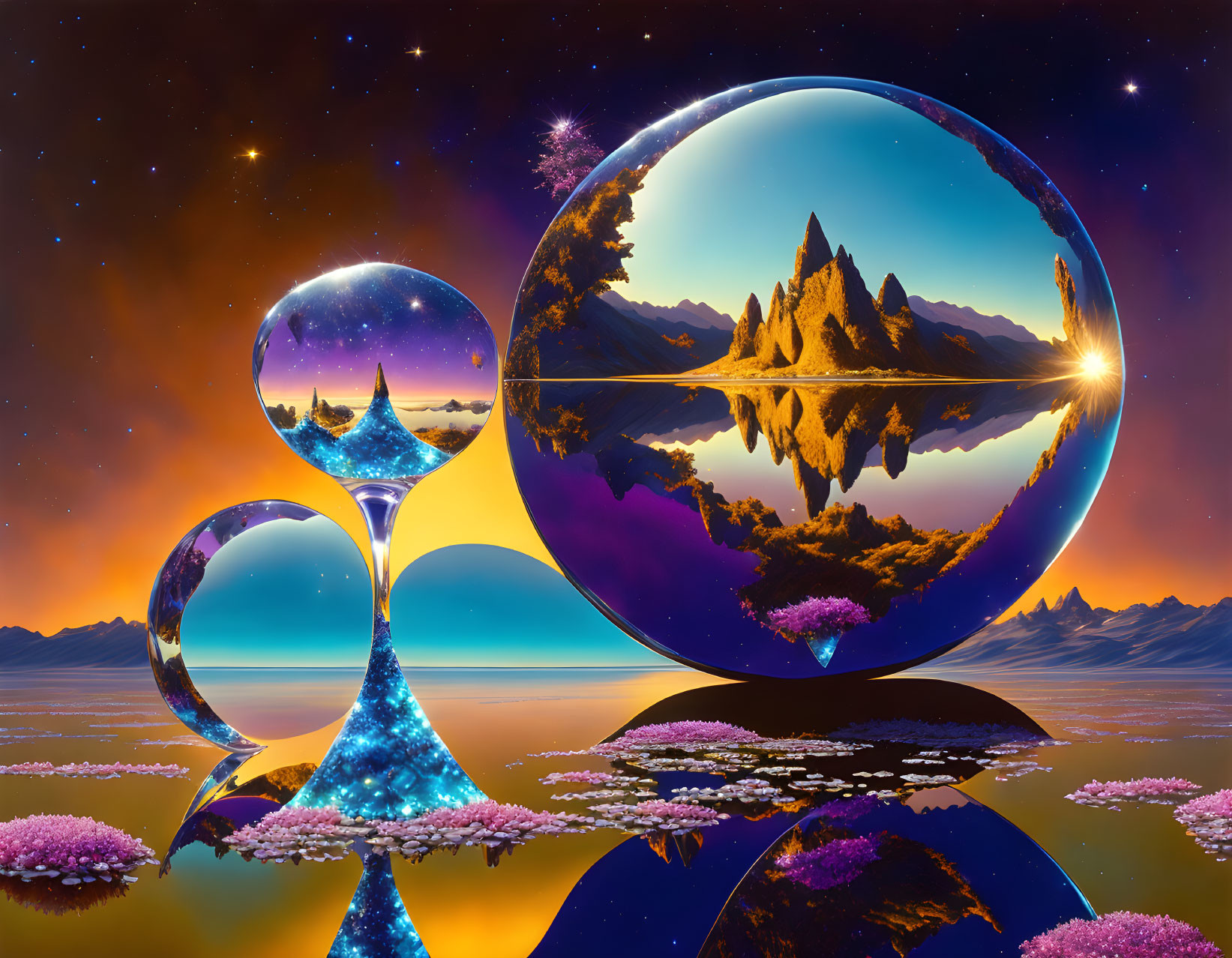 Surreal landscape with crystal spheres, mountains, starry sky, pink flowers, and sunset