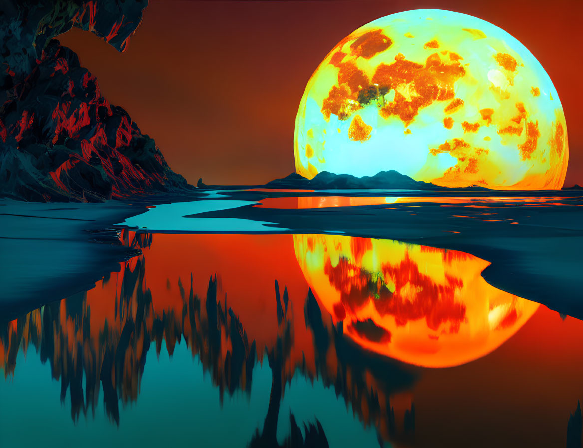 Surreal landscape with large celestial body, rocky terrain, and red sky