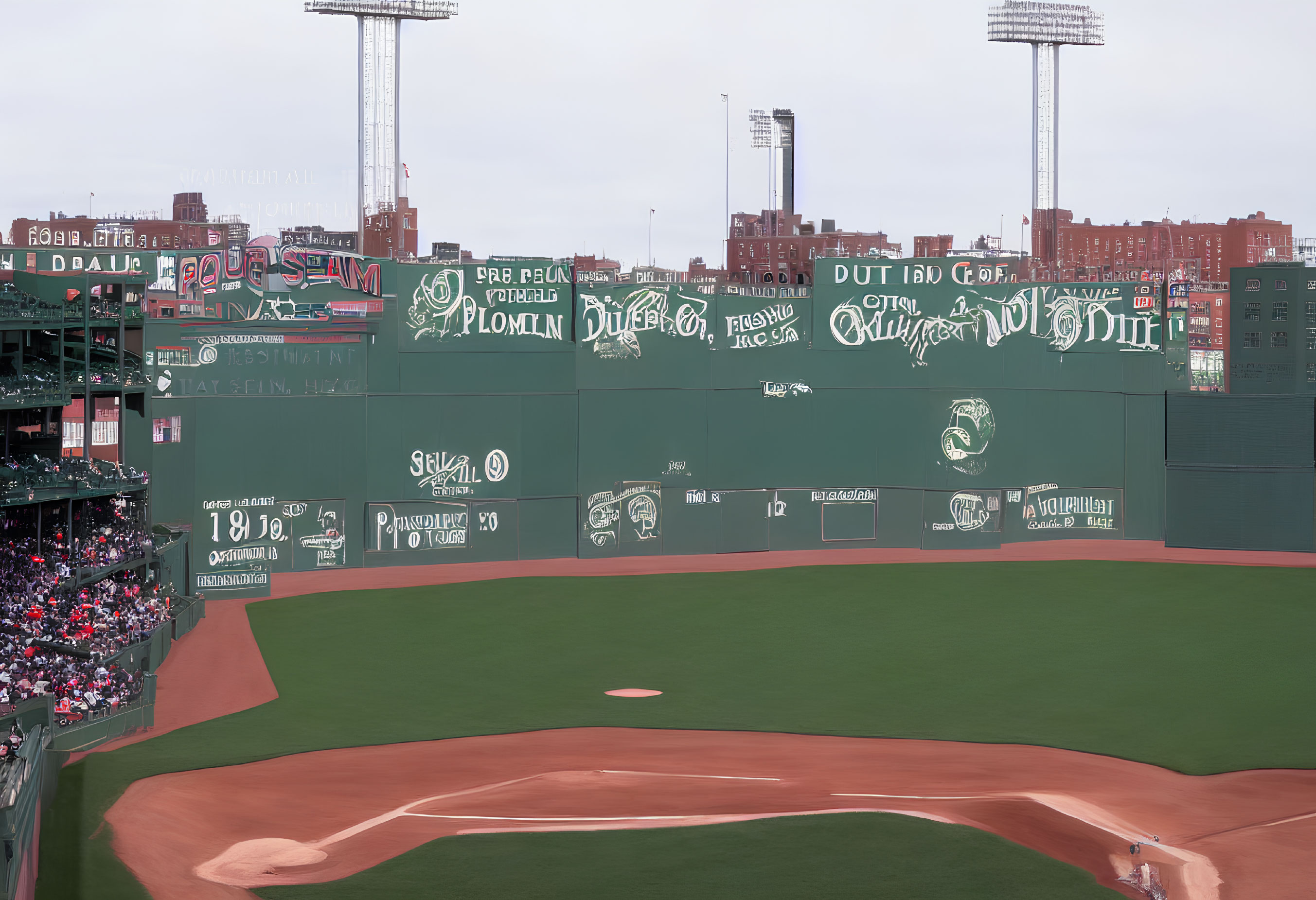 Iconic Green Monster Wall at Fenway Park with Daytime Baseball Game Action