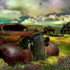 Rusty abandoned car in grassy field under dramatic sky