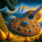 Detailed Guitar in Surreal Landscape with Ornate Patterns and Flying Doves