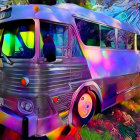 Colorful Psychedelic Bus in Surreal Landscape with Trees and Purple Sky