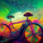 Colorful Psychedelic Bicycle Illustration on Fantasy Landscape