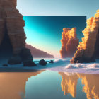Surreal landscape with towering orange rock formations and misty waters
