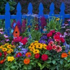 Colorful Flowers Bloom in Vibrant Garden with Blue Picket Fence