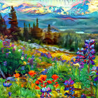 Scenic landscape with flower-filled meadow, pine trees, and misty mountains