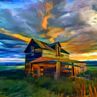 Abandoned wooden house in field at sunset with dramatic sky