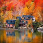 Colorful autumn forest and blue house reflected in calm lake waters.