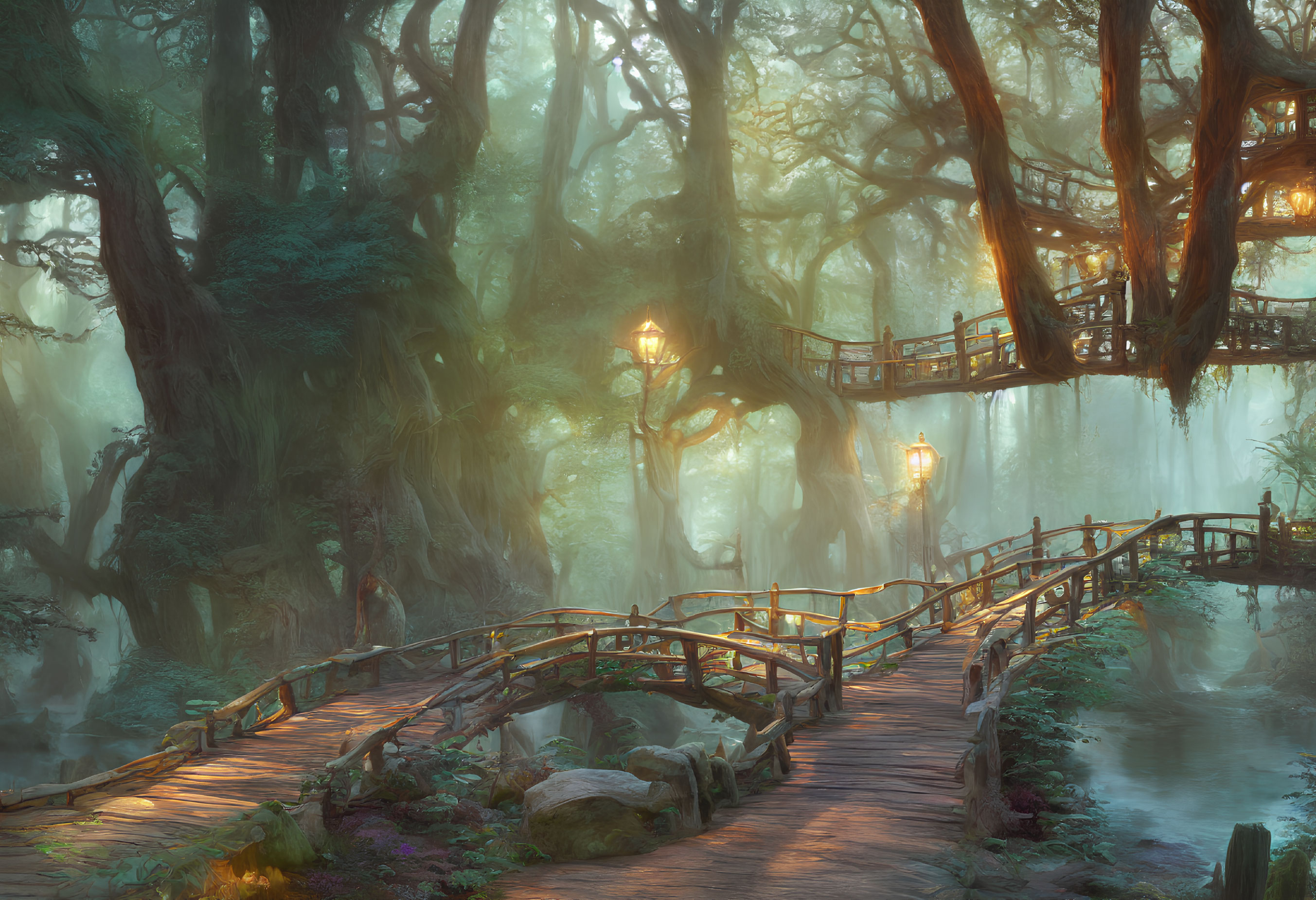 Mystical forest scene with wooden bridge, ancient trees, and glowing lanterns