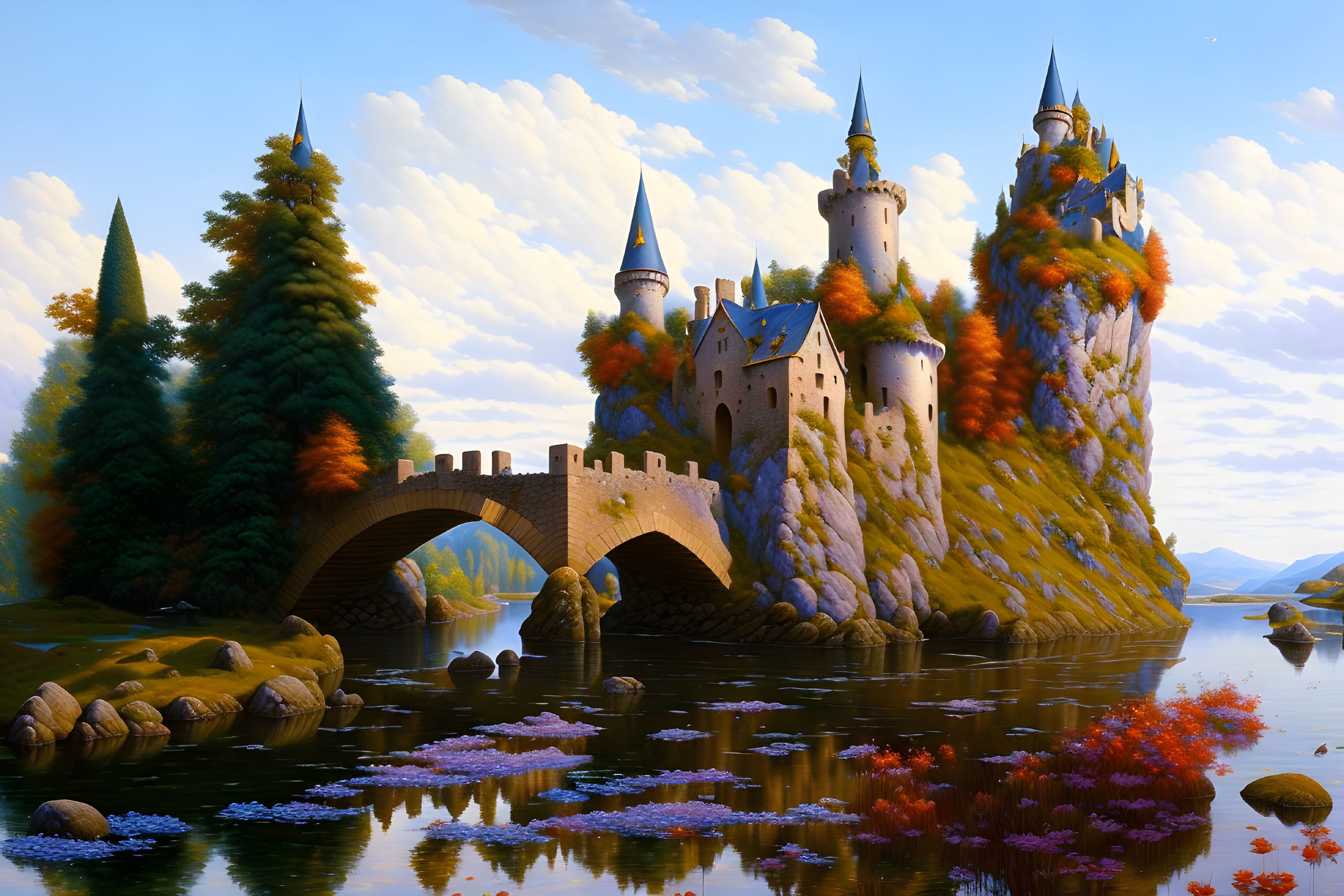 Fairytale castle on rocky cliff with autumn foliage and river bridge