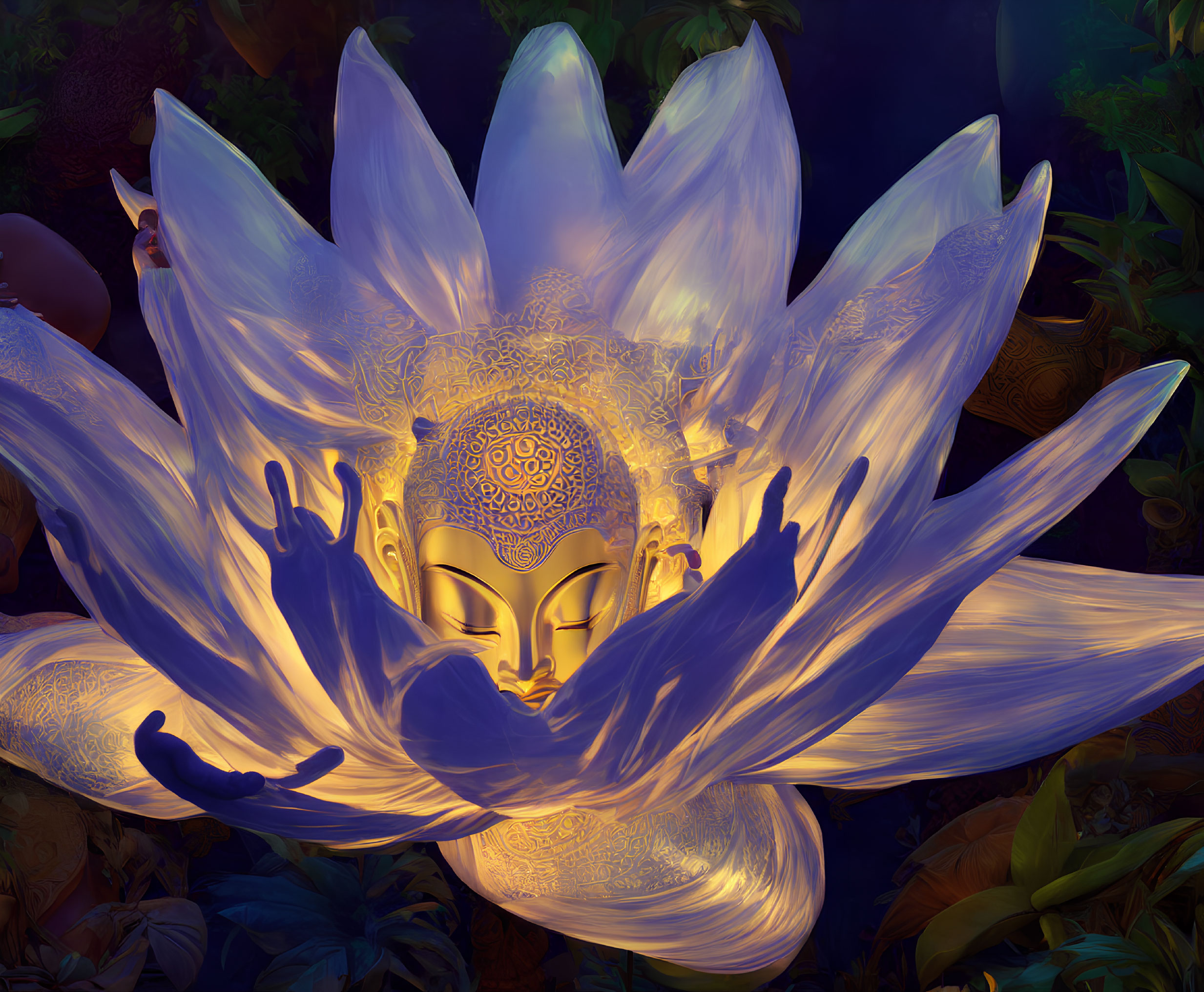 Buddha figure in lotus surrounded by lush foliage at night