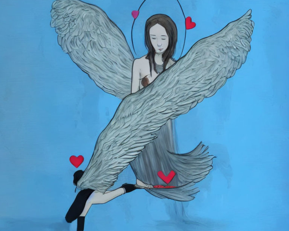 Surreal illustration of person with feathered wings and halo symbols of love on blue backdrop