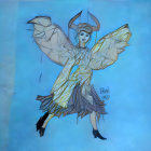 Surreal illustration of person with feathered wings and halo symbols of love on blue backdrop