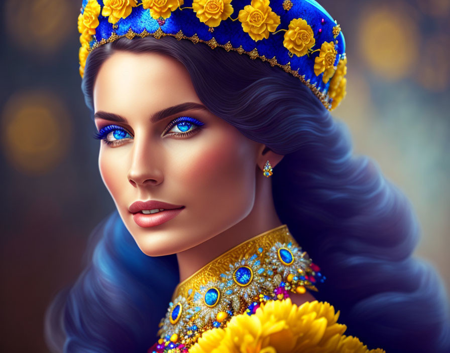 Digital artwork featuring woman with vibrant blue eyes and flowing blue hair in traditional blue and gold headdress with