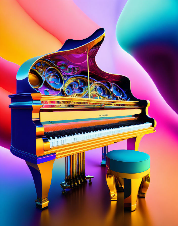 Colorful Grand Piano with Fractal Design on Inner Lid
