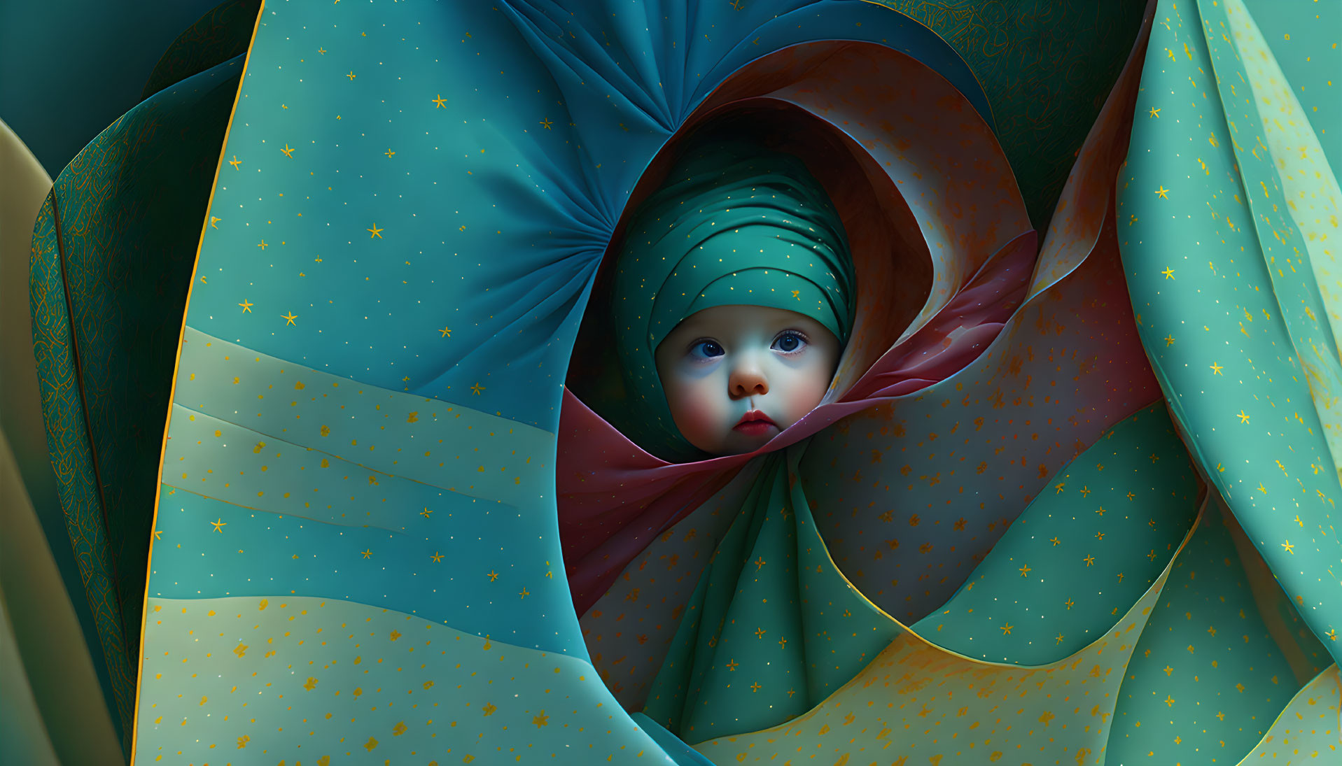 Baby peeking through teal and orange spiral fabric with golden stars
