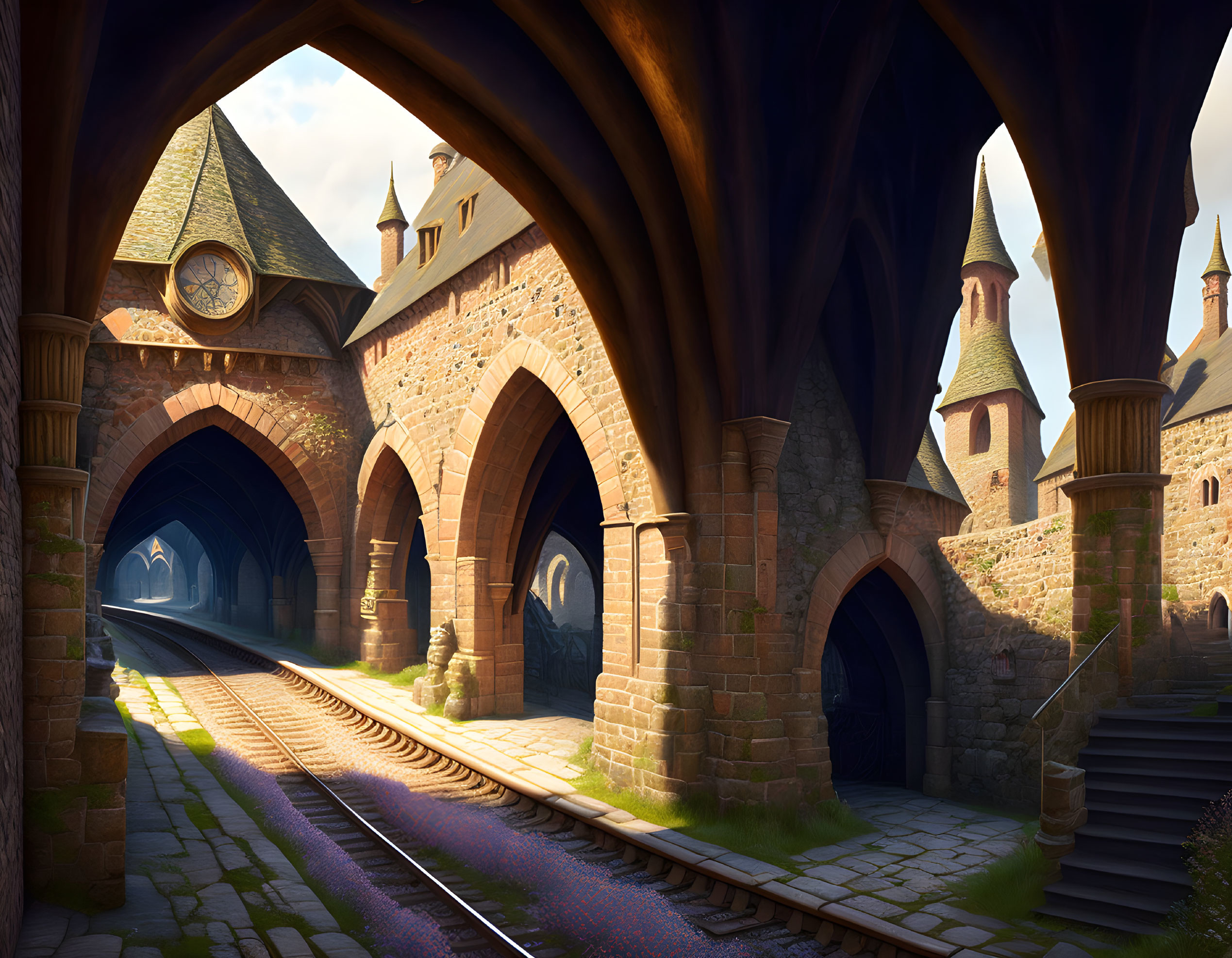 Enchanting train station with arches, turrets, and clock in warm sunlight