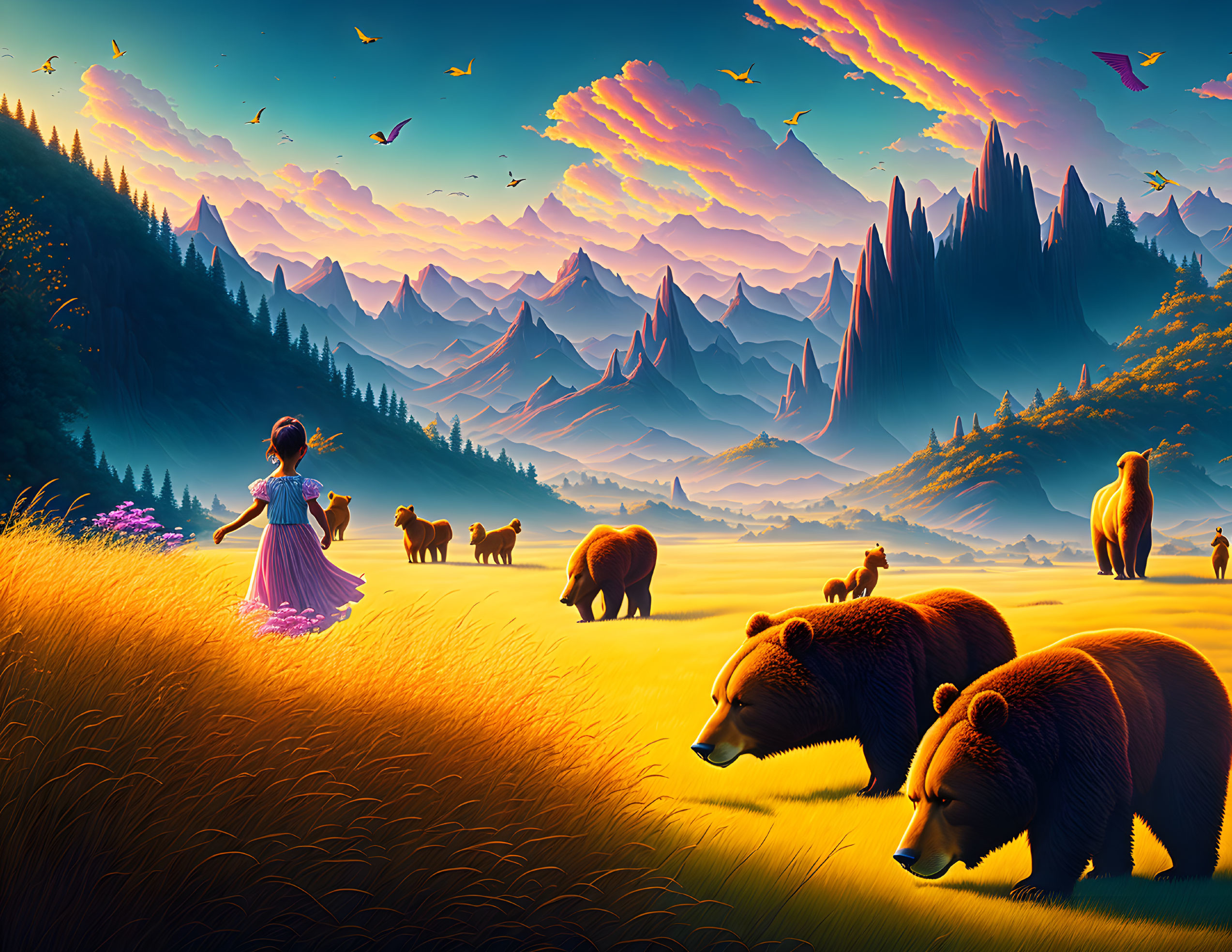 a little girl in a meadow eyed by a giant bear