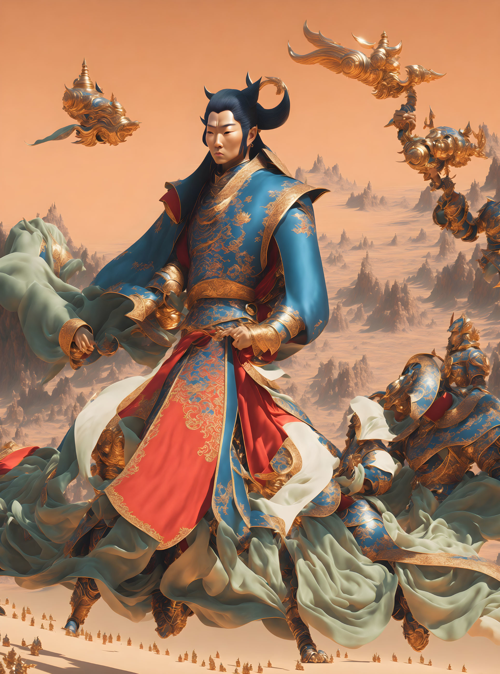 Majestic figure in blue and red armor with golden warriors and mythical beasts in surreal desert landscape