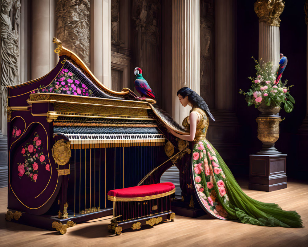 Woman in floral dress near grand piano with bird designs, peacocks in opulent room