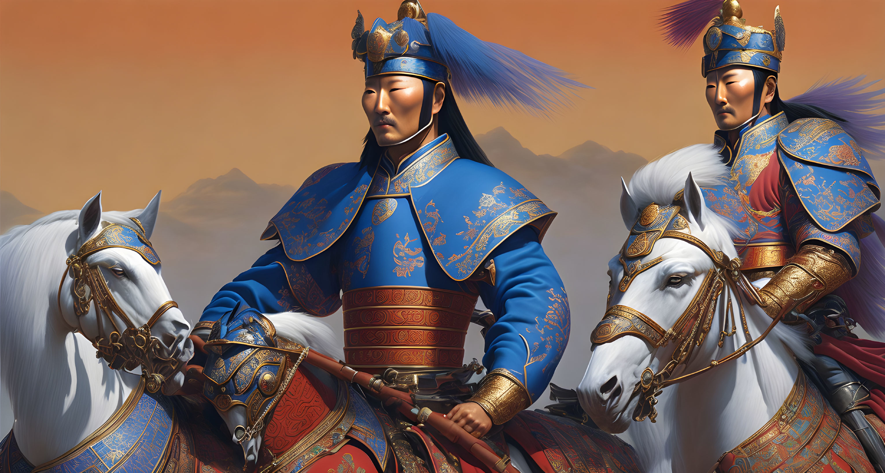 Armored warriors on white horses in blue attire under orange sky
