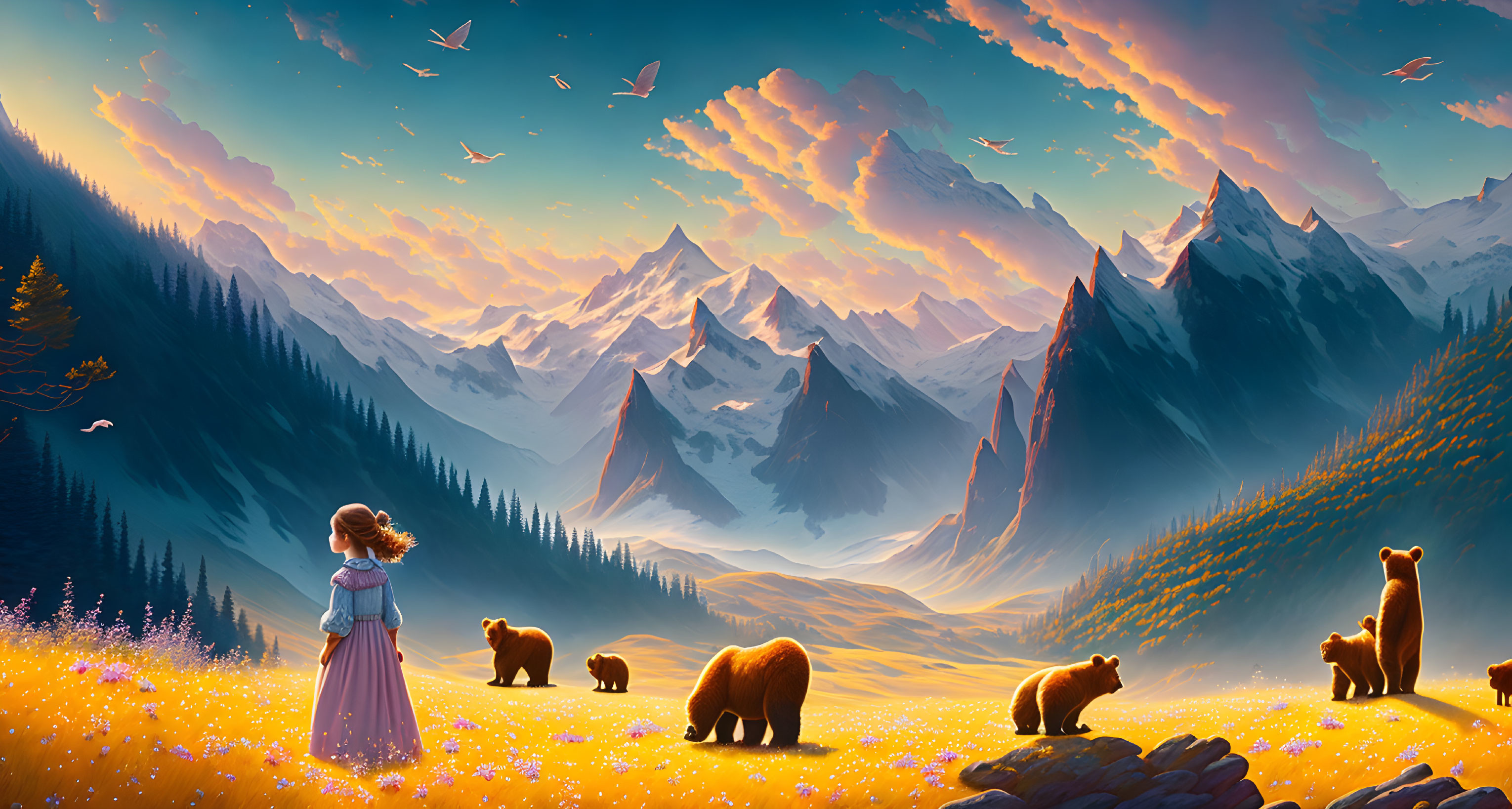 Woman in dress in vibrant meadow with bears and birds, mountains under dawn sky