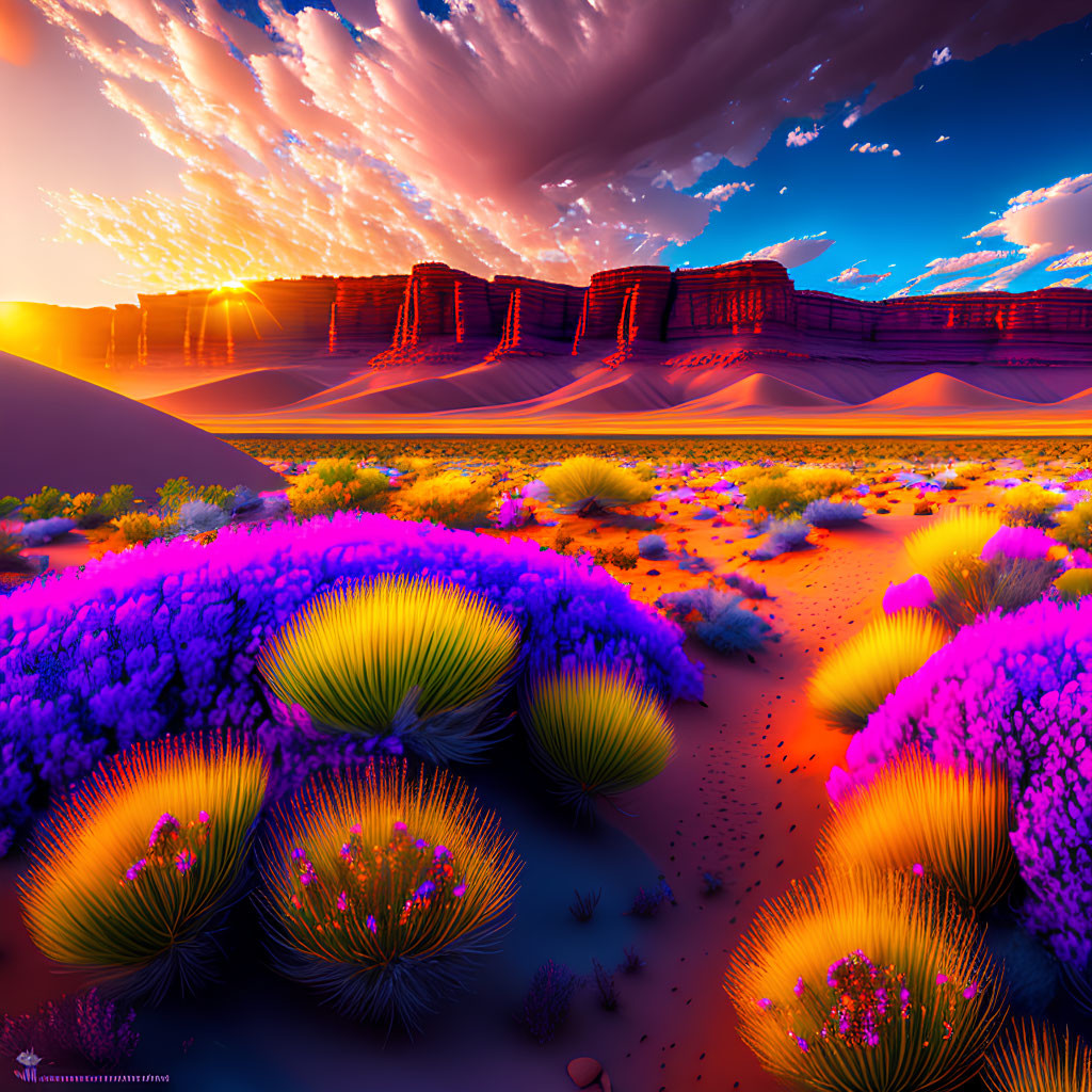 Colorful desert sunset with purple flora, sand dunes, cliffs, and dynamic sky