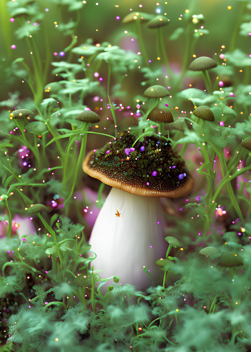 Illustration: Whimsical mushroom in magical forest with glowing particles and lush greenery