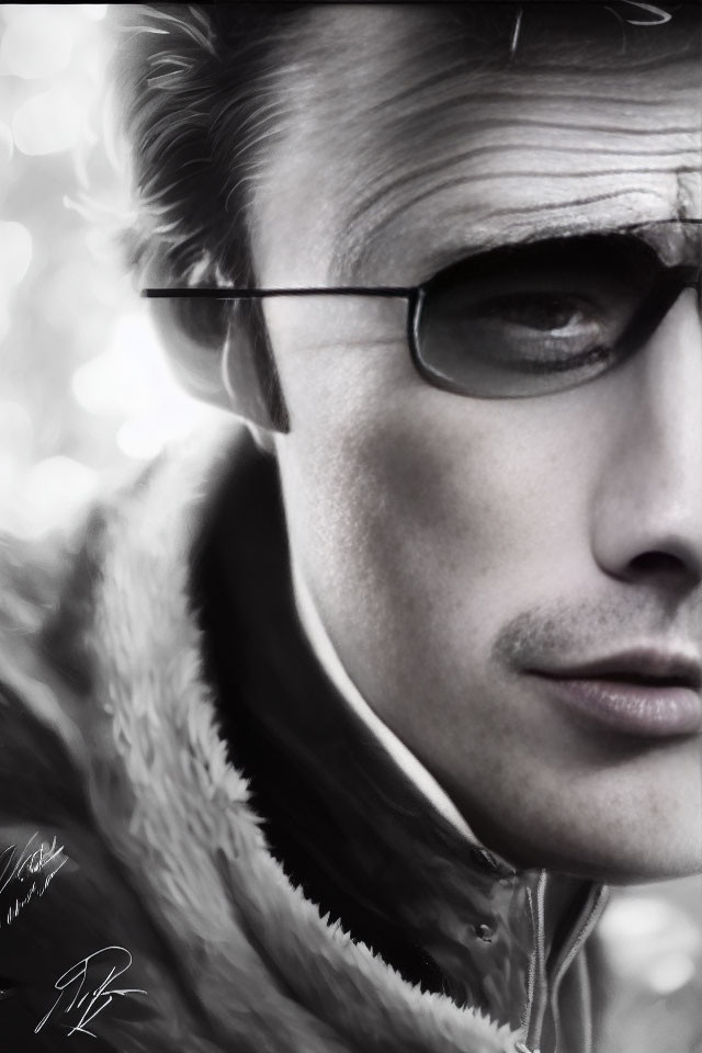Greyscale portrait of man in sunglasses and fur-collared jacket with artistic signature