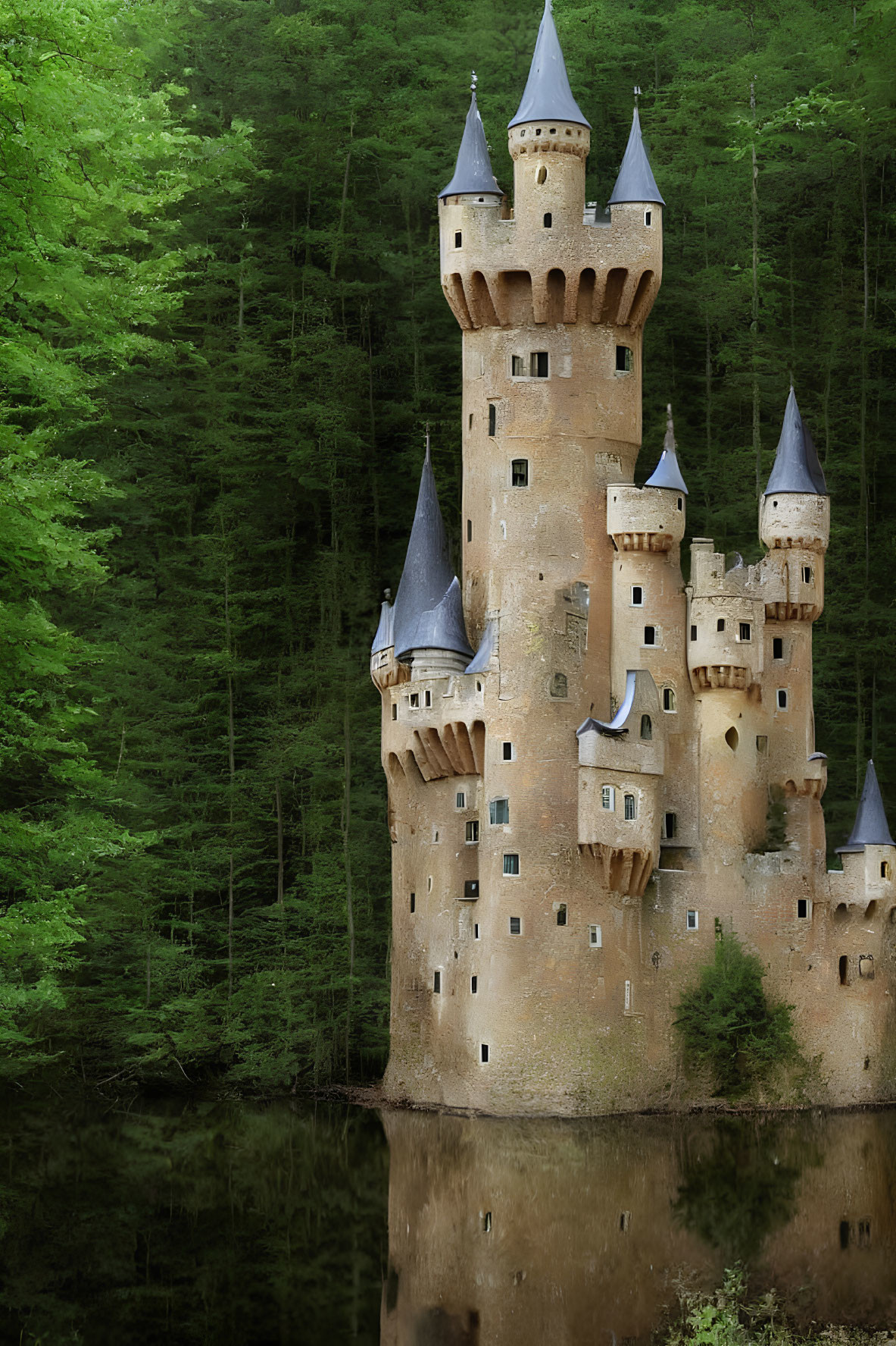 Castle with multiple turrets in dense forest near tranquil waters