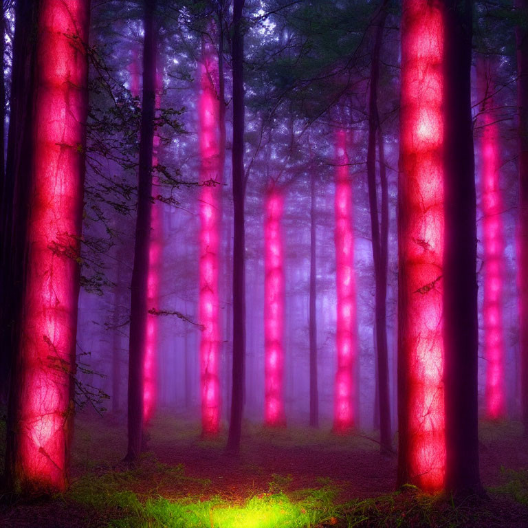 Mystical forest scene with towering trees in pink and purple light