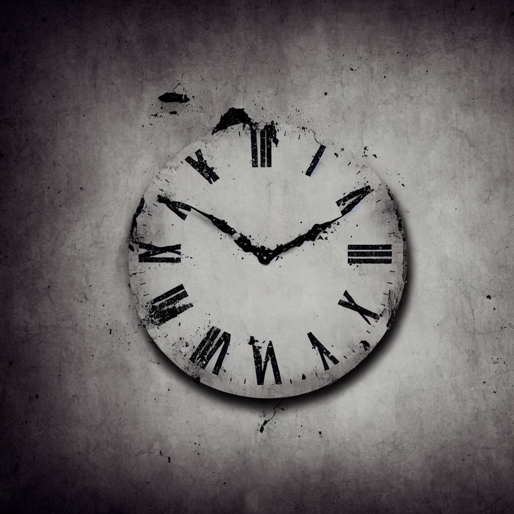 Vintage grungy clock with Roman numerals on grey background at 10:10