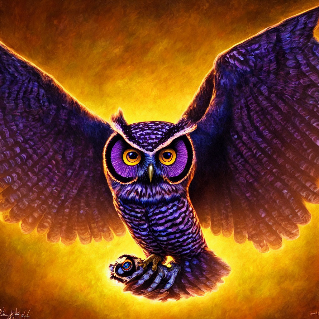 Colorful digital artwork of a large-eyed owl soaring with outstretched wings on fiery orange backdrop