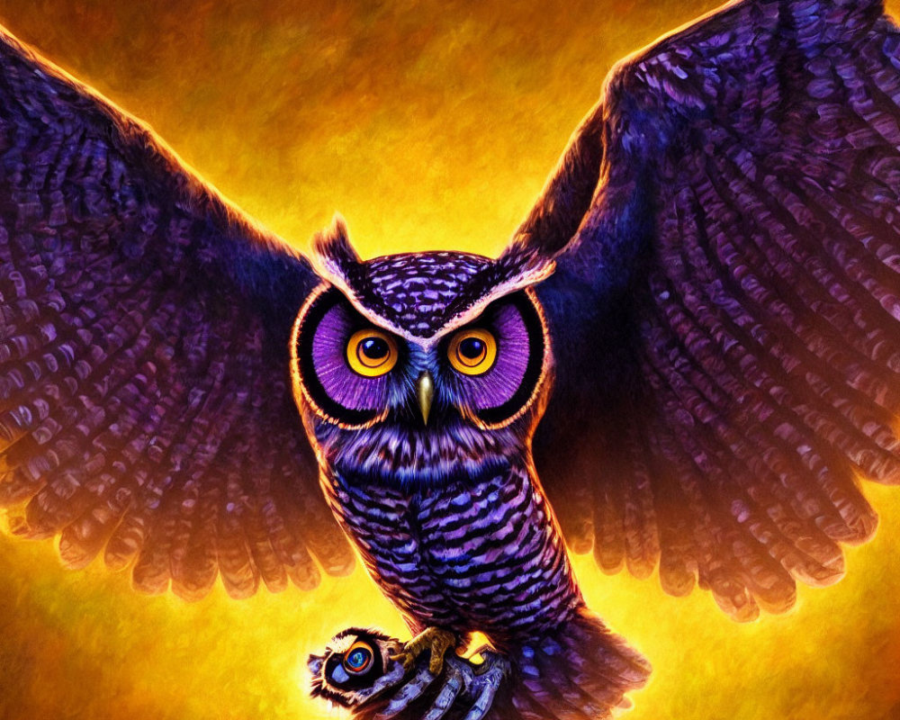 Colorful digital artwork of a large-eyed owl soaring with outstretched wings on fiery orange backdrop
