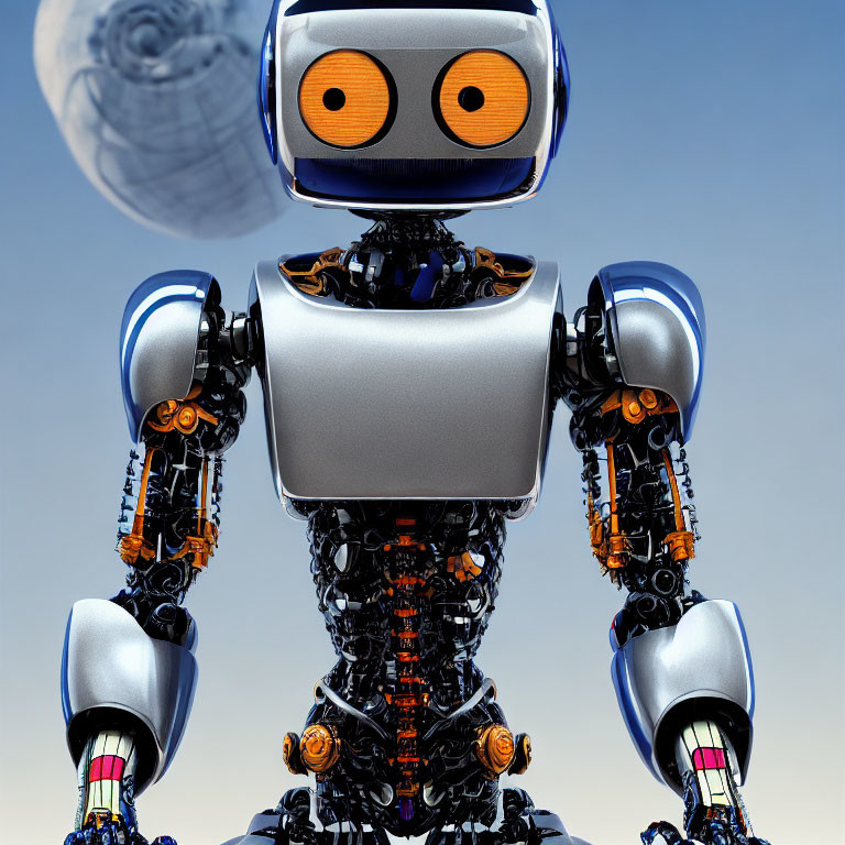 Detailed humanoid robot with silver torso, blue eyes, orange and black mechanical parts, under a blue sky