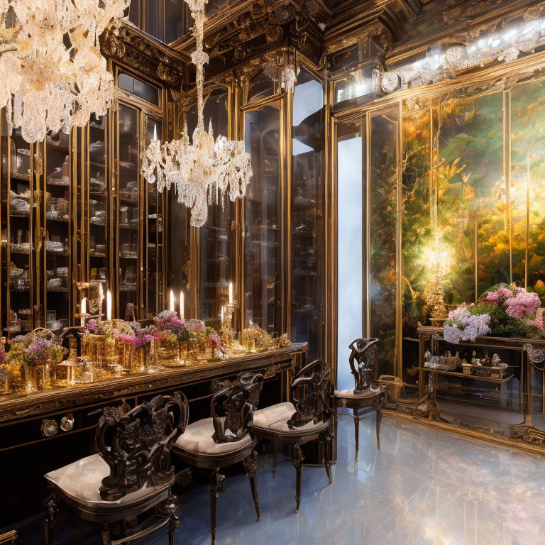 Luxurious Room with Mirrored Walls, Crystal Chandeliers, Marble Floor, Gold Details, and