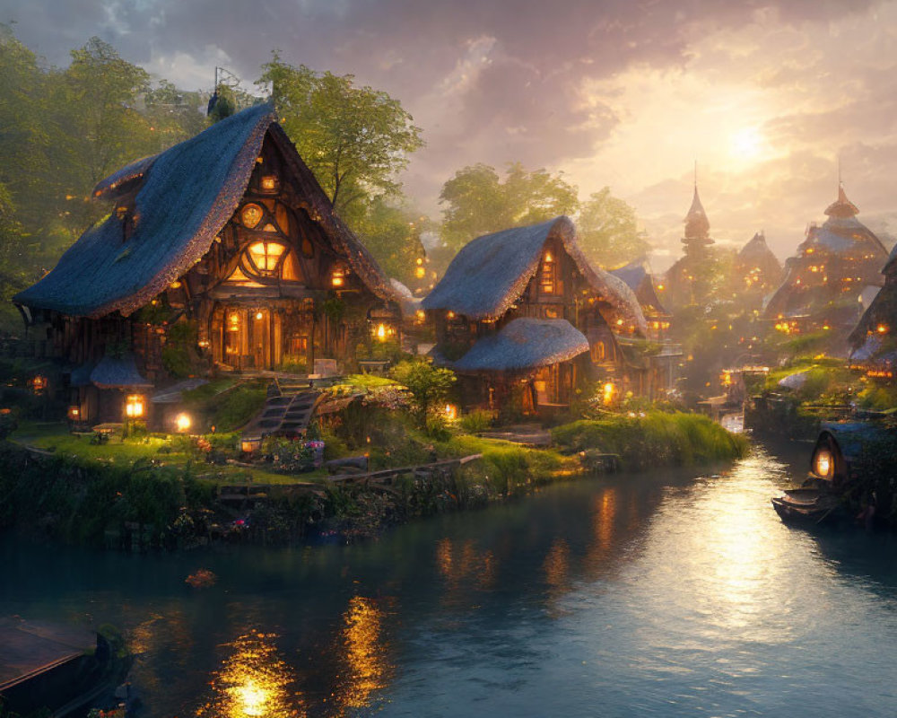 Mystical village at twilight with thatched-roof cottages by a tranquil river