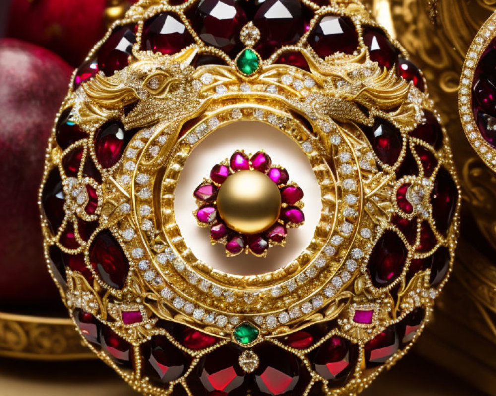 Golden Egg Adorned with Red Gemstones, Emeralds, and Diamonds on Red Apple Background
