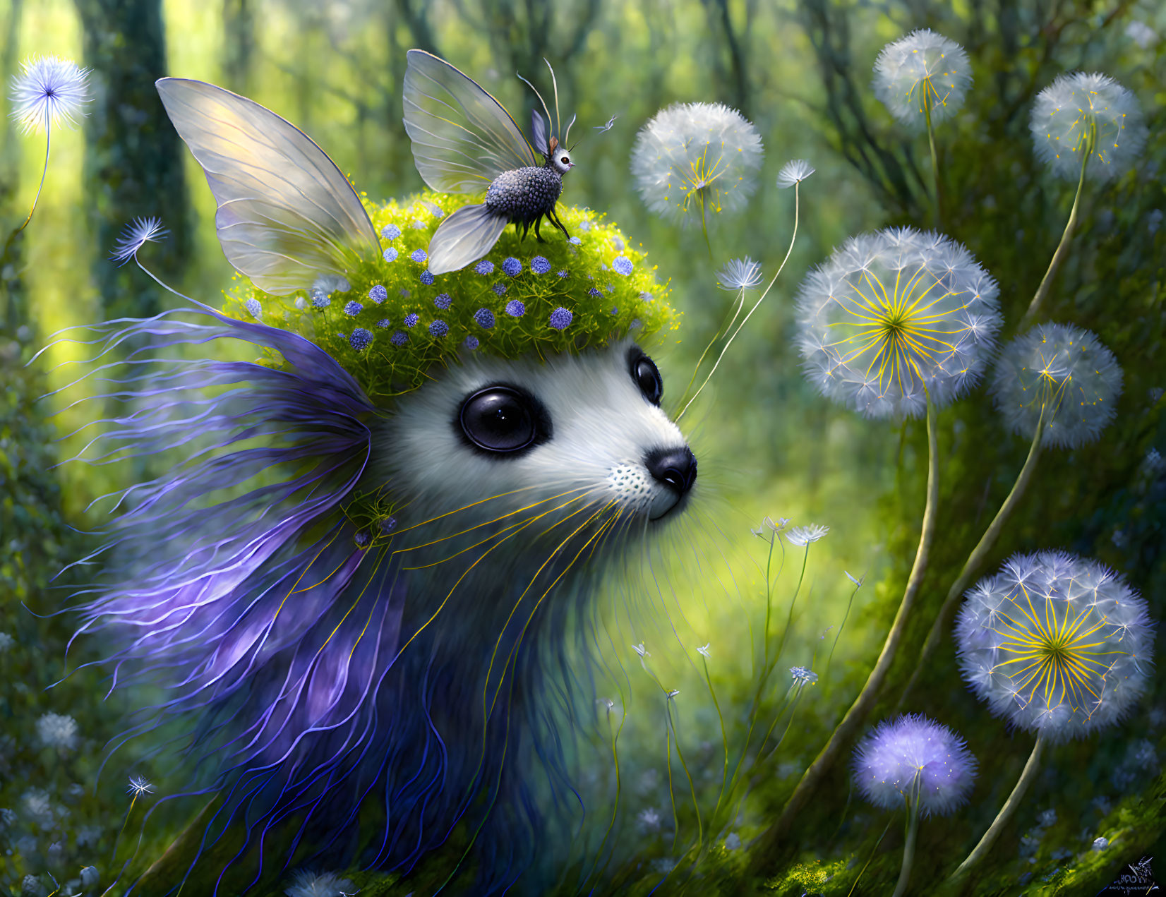 Blue-furred rabbit-headed creature with wings in lush forest