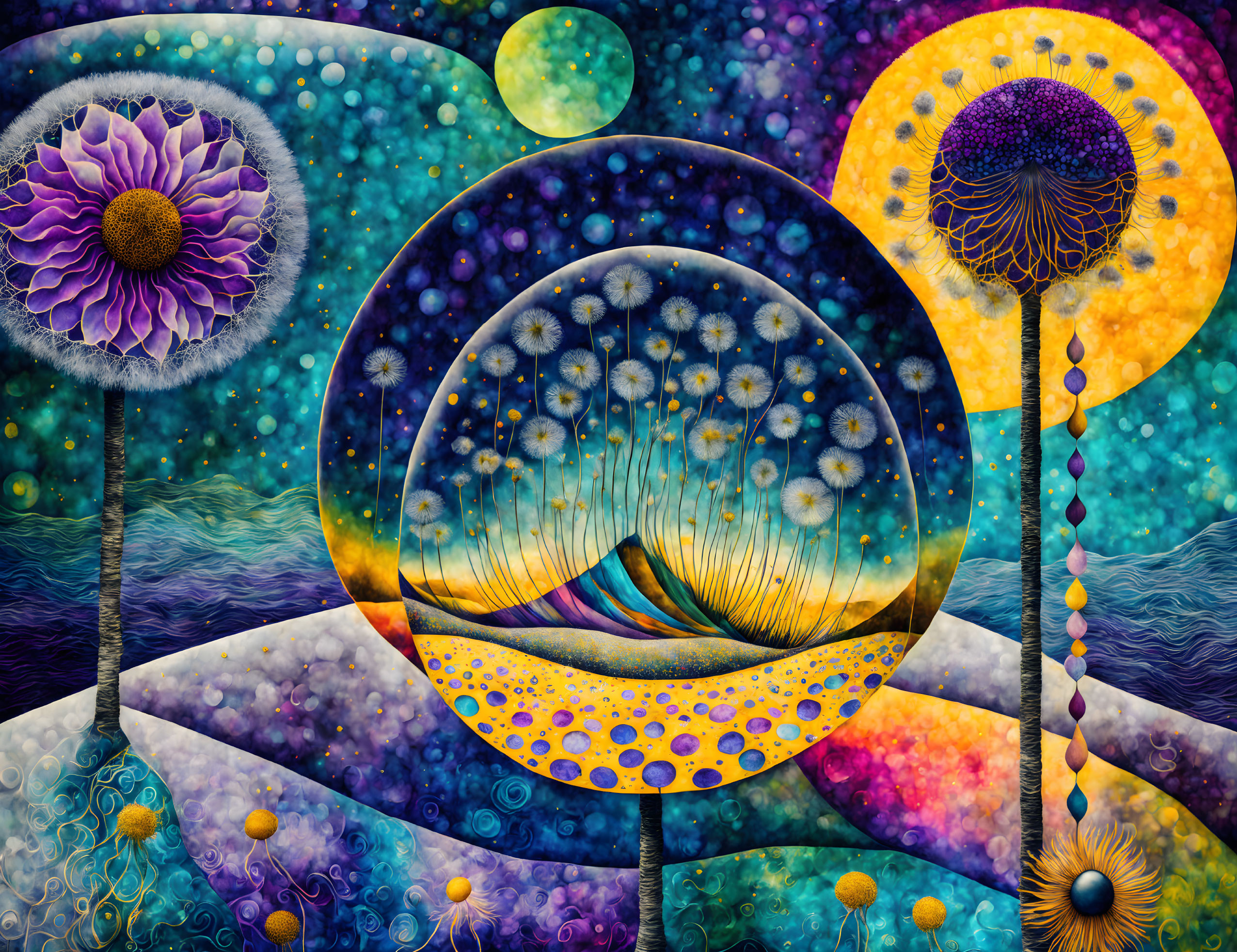 Colorful Psychedelic Artwork with Floral and Cosmic Themes