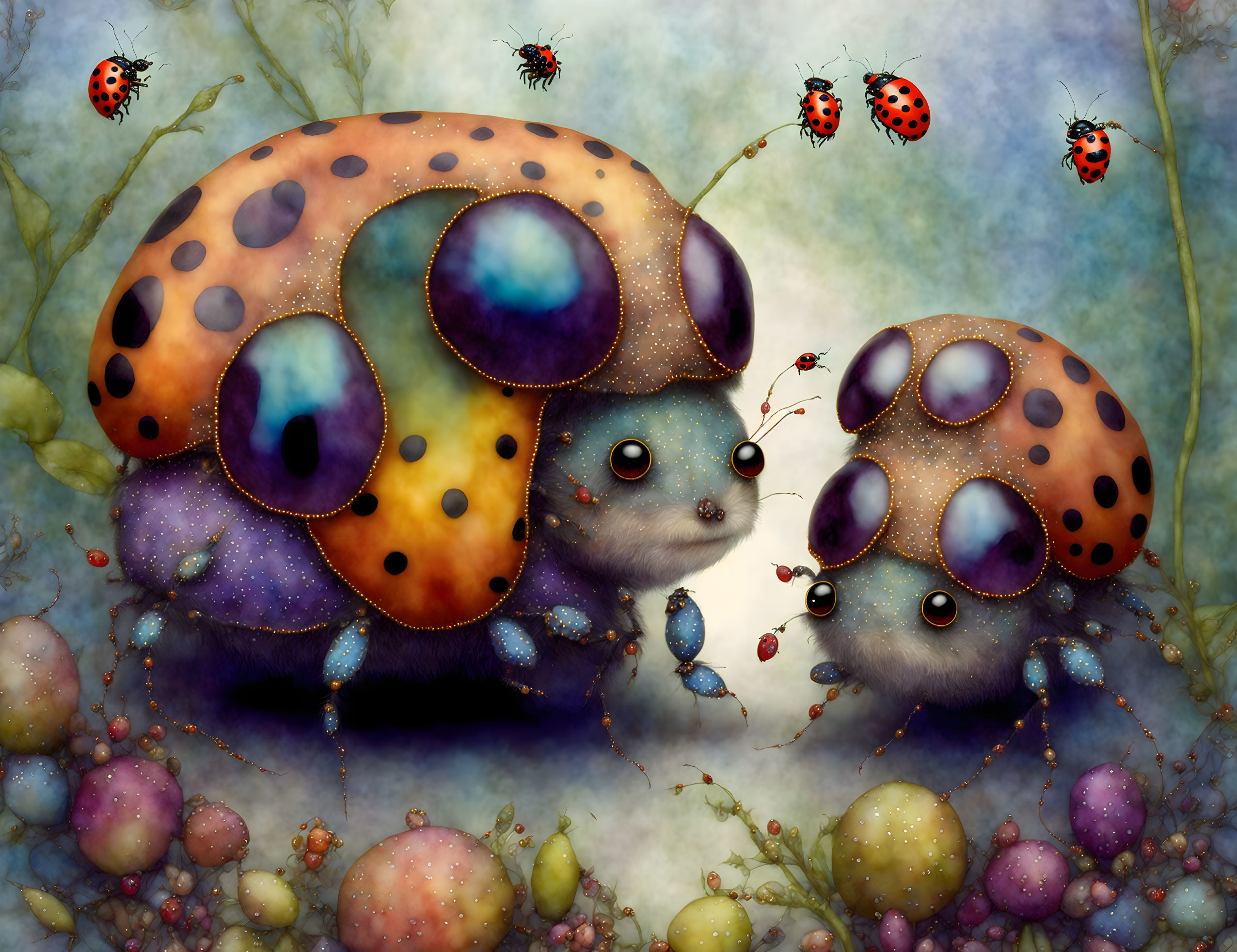 Fantasy illustration: Mouse creatures, mushrooms, ladybugs, colorful bubbles