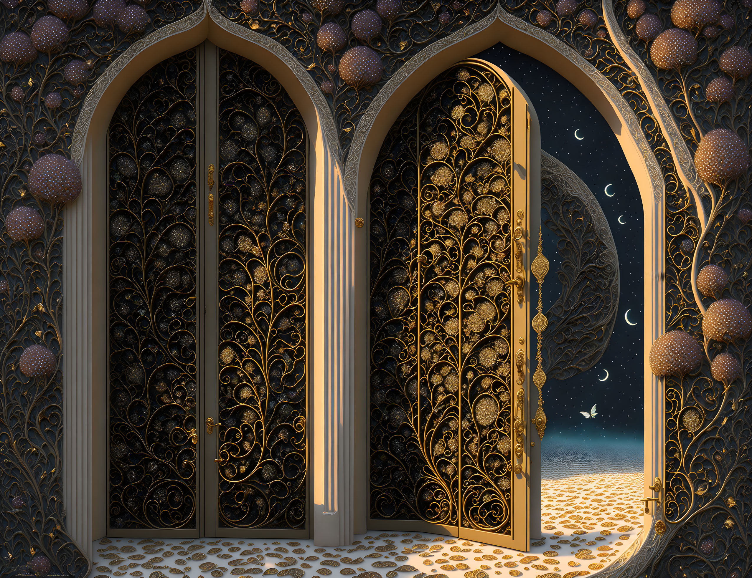 Ornate gold and bronze double door with night sky and floating lantern-like spheres