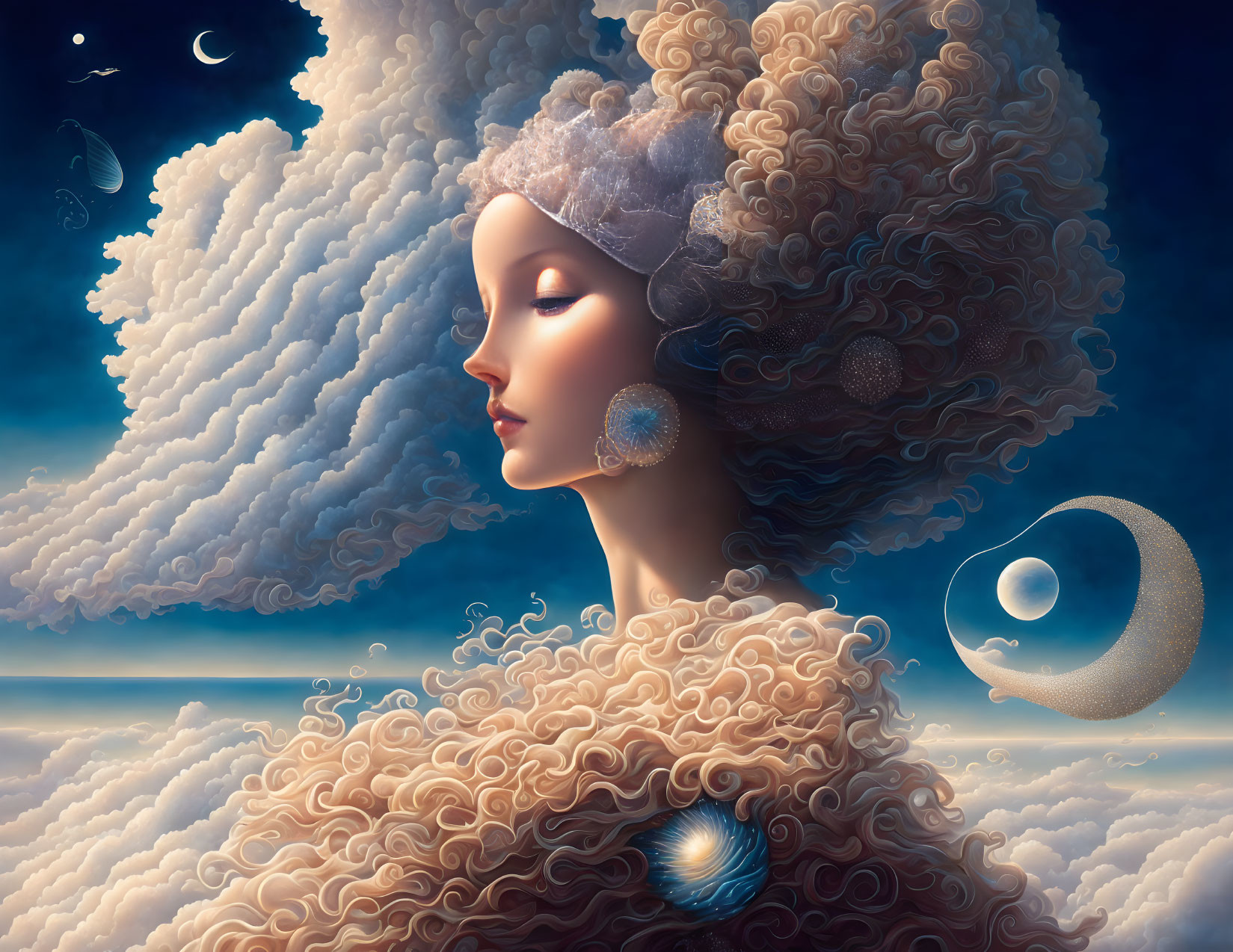 Portrait of woman with voluminous curly hair blending with clouds and celestial bodies against night sky.