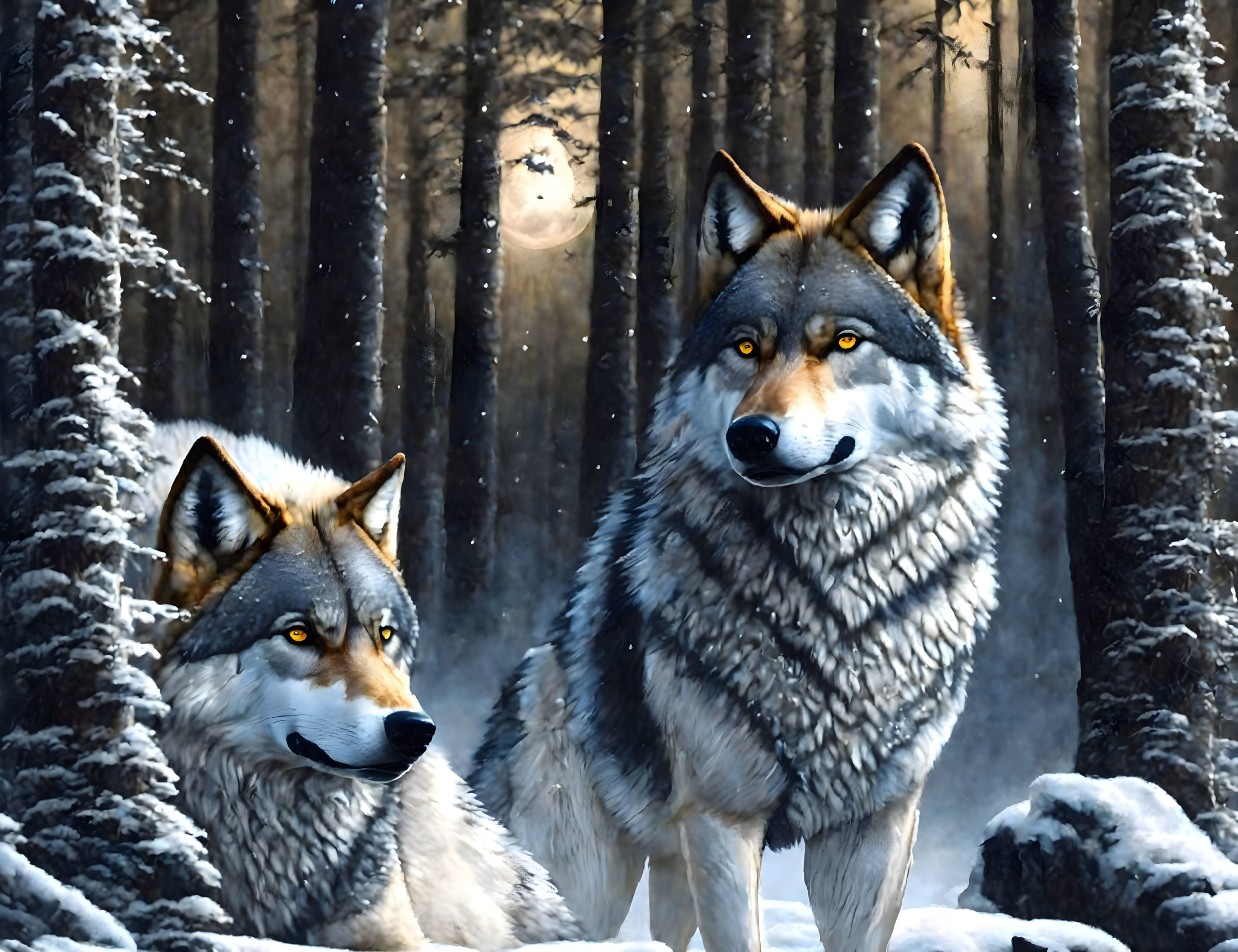 Snowy forest scene: Two wolves under sunlight in the woods