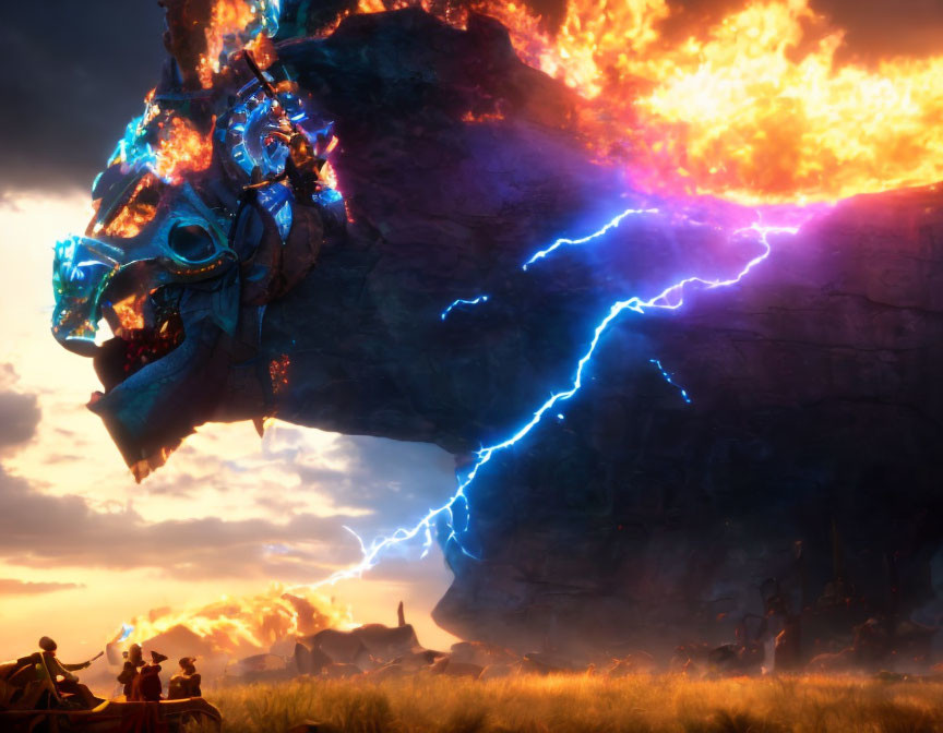 Fantastical floating rock with glowing mask struck by lightning above fiery landscape