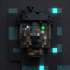 Pixelated Wolf's Head with Green Eyes in Minecraft Style