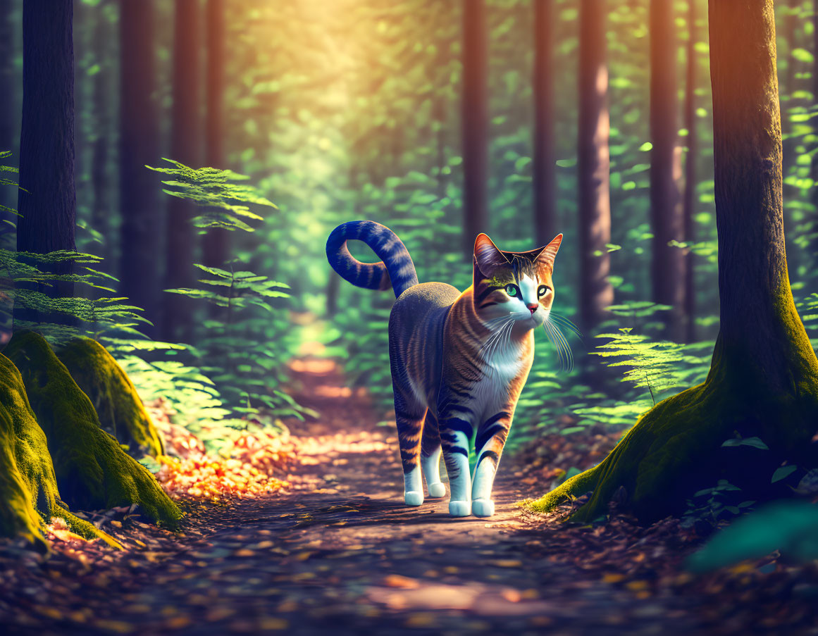 Majestic cat walking through the forest