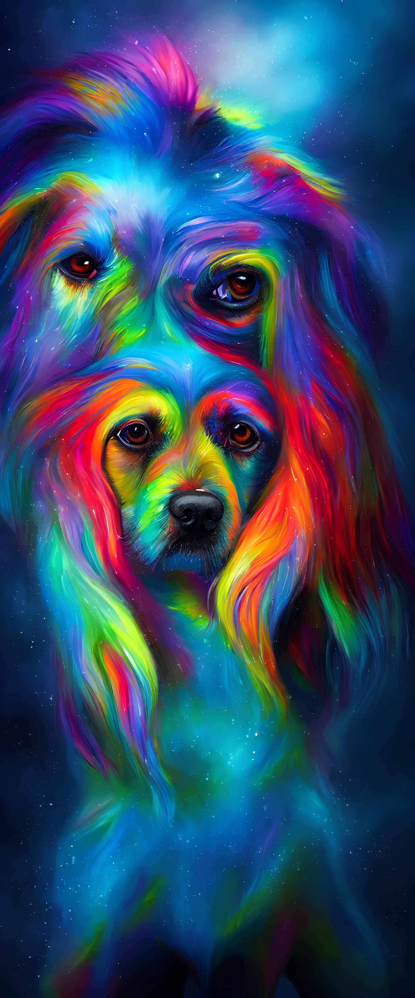 Vivid Rainbow Dog Painting on Dark Starry Background
