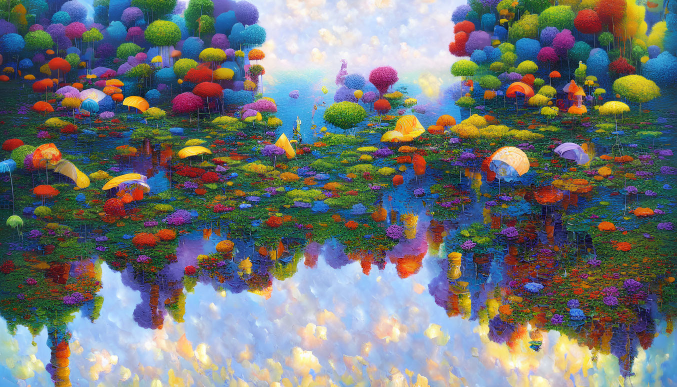 Colorful Umbrella Trees Reflecting in Tranquil Water Under Blue Sky