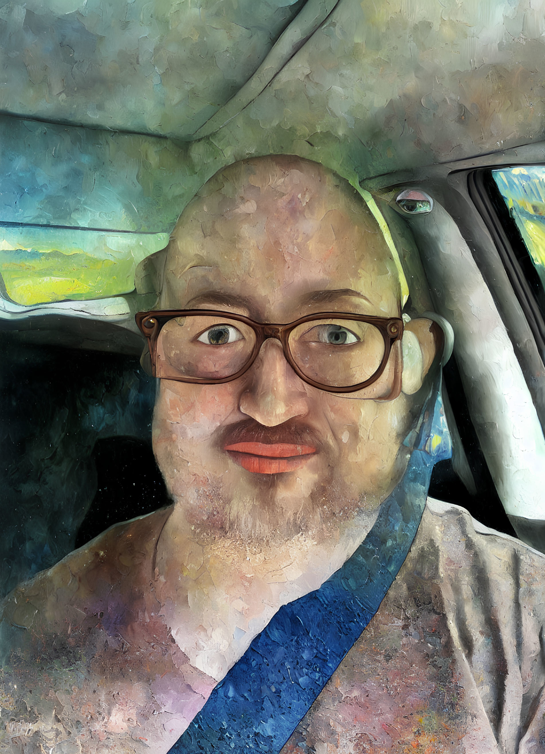 Colorful portrait of a person with glasses in a car with expressive brushwork.